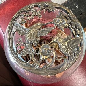 1989 Rawcliffe Pewter (gold tone) Hummingbirds Glass Trinket Dish Potpourri EUC